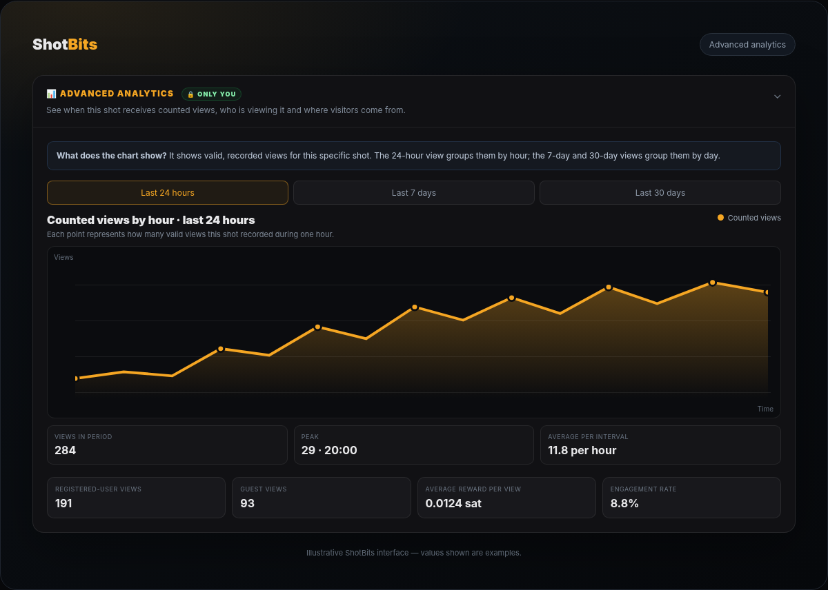 ShotBits Advanced Analytics panel showing counted views by hour, total views, peak time and average views per interval