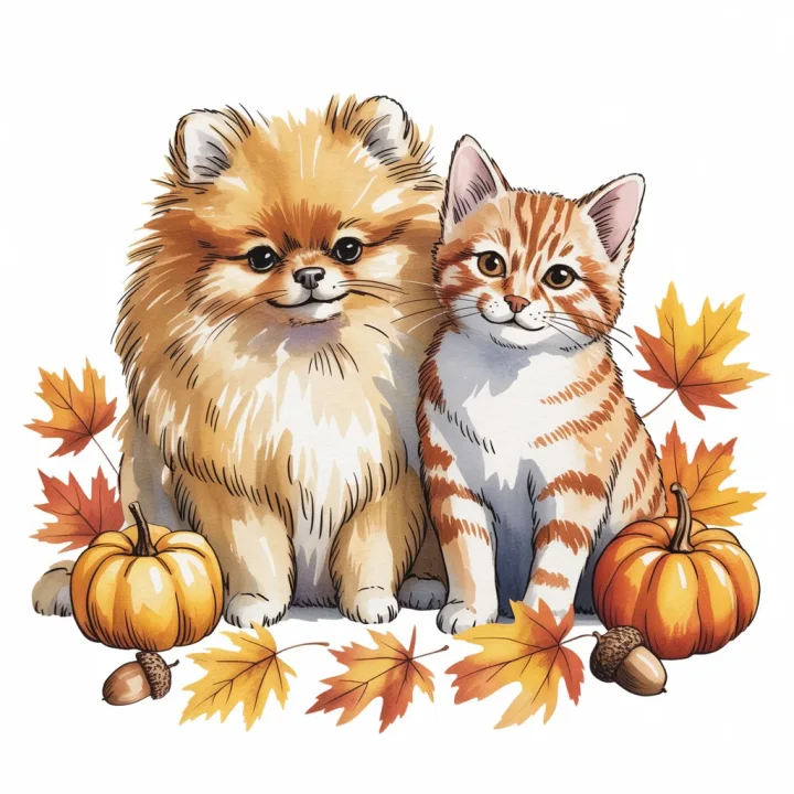 Cozy Autumn Companions: Pomeranian and Kitten in Watercolor